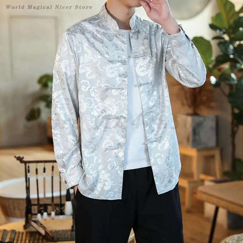 Men Chinese Dragon Shirt Coat Black Satin Mandarin Collar Tang Costume Top Large Size 5XL New Year Clothes Male Jackets Hanfu