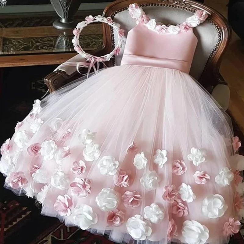 

Lace Pink Vintage Flower Girl Dresses Sheer Neck Little Girl Wedding Dresses Communion Pageant Kids Party Gowns