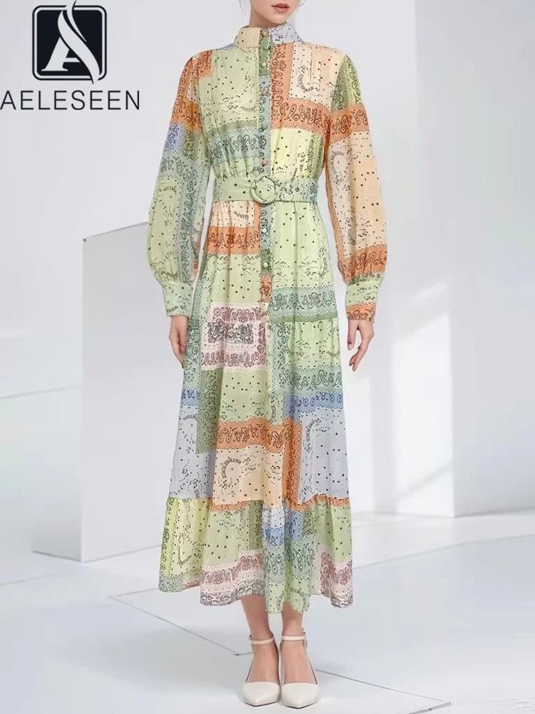 

AELESEEN Bohemian Long Dress For Women Spring Autumn Lantern Sleeve Flower Print Turtleneck Elegant Party Holiday