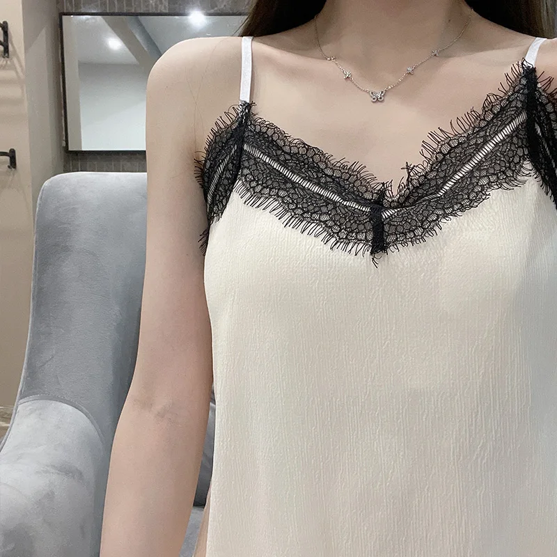 Summer New Thin Pajamas Women's Imitation Cotton Wrinkle Cloth Sexy Breast Cushion Suspender lace Sweet and Cute Two Piece Set