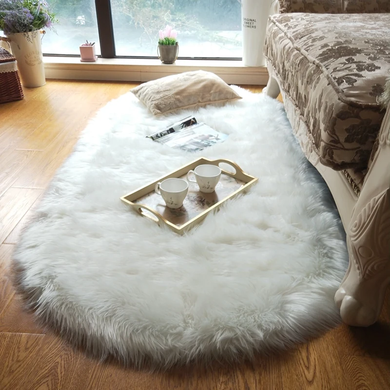 Oval Artificial Wool White Soft Bedroom Bedside Rugs Washable Fluffy Living Room Carpet Pink