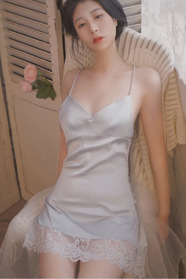 Pajamas women's summer ice silk sexy nightdress sexy pure desire open back satin lace suspenders pajamas home clothes