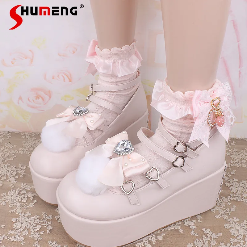 Japanese Rojita Style Sweet Cute Girl Lace Pearl Heart Strawberry Pendant Bow Short Socks Women's Stockings Clothes Accessories