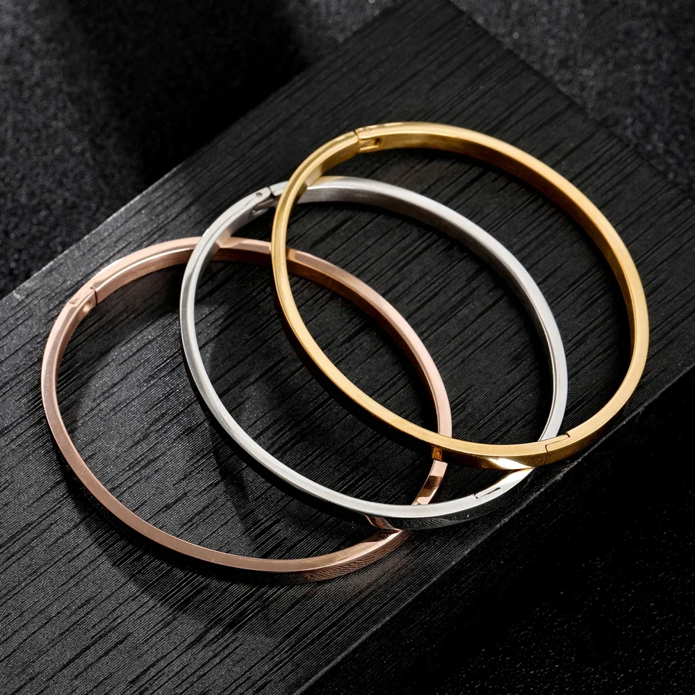 Stainless Steel Bracelet Fashion C-Shape Open Men Women Couple Lover Jewelry Gifts 4MM Adjustable Cuff Bangle