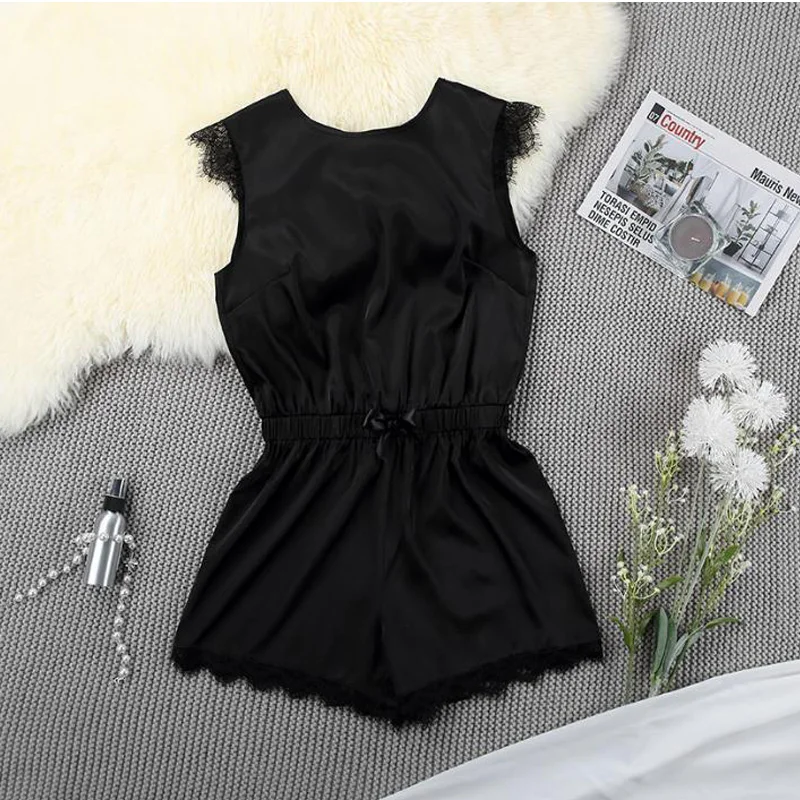 Women's Clothing Simulation Silk One-Piece Suit Hollow Back Sexy Charm Erotic Short-Sleeved Lingerie Comfortable Pajama Homewear