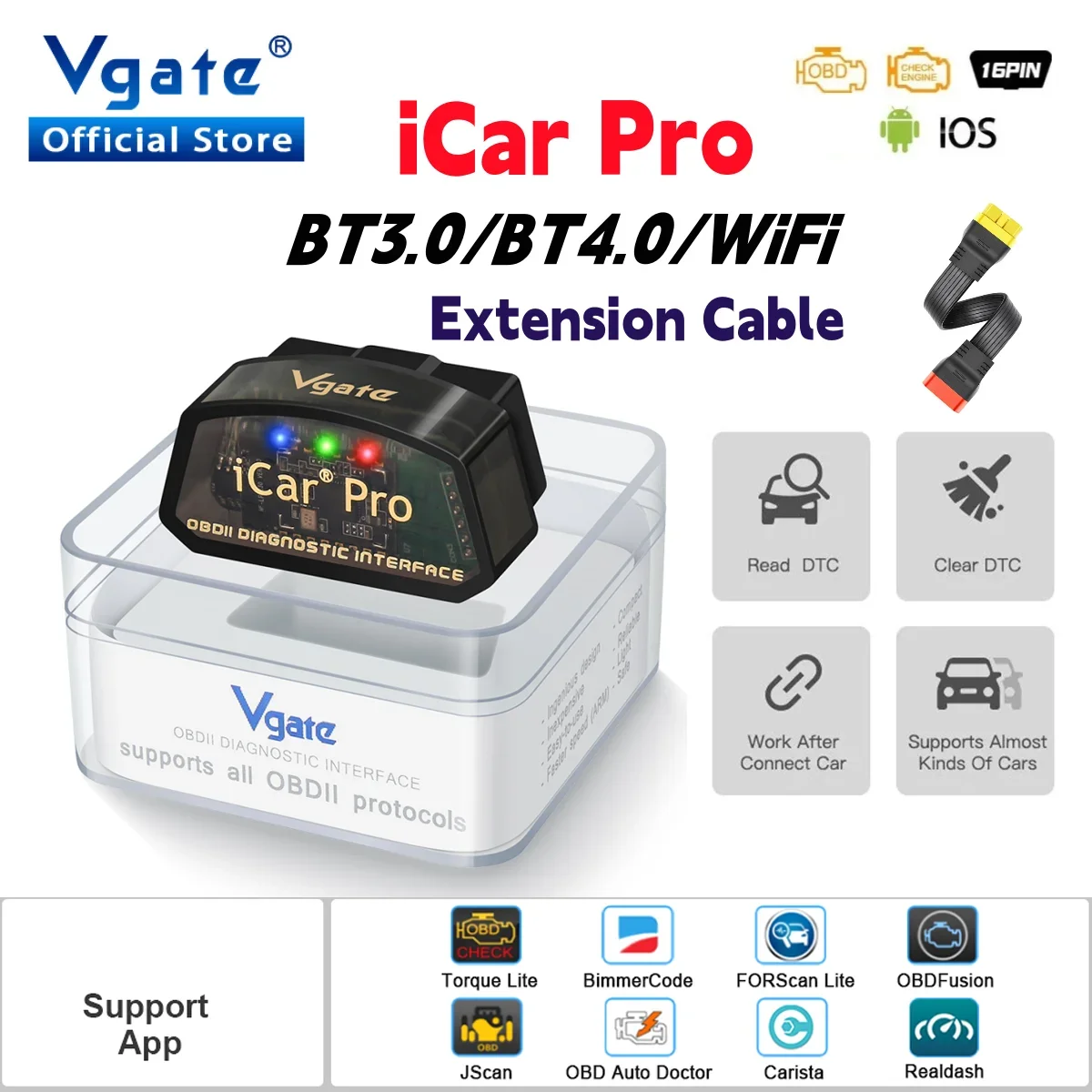 Автомобильный диагностический сканер Vgate iCar Pro elm327 V2.3 OBD 2 OBD2, WIFI Bluetooth 4,0 для IOS, инструмент, Удлинительный кабель OBD PK 327V1 5