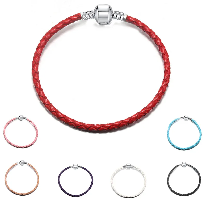 2022 New Black Red for Pandora Leather Chain Charm Bracelet DIY Beads Fine Women Lover Jewelry Gift |