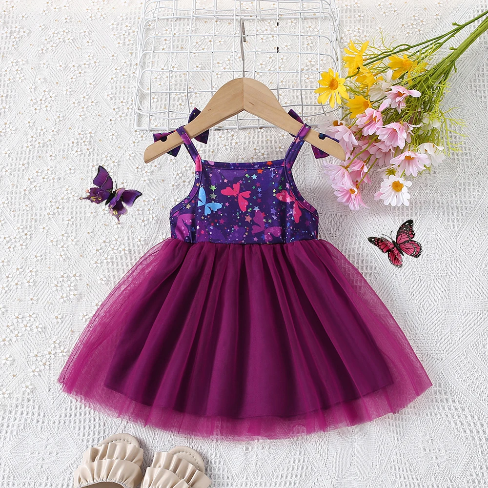 Girls Dress Baby Girl Dress Summer Girl's Bow Suspender Patchwork Mesh Princess Dress Baby Birthday Party Dress
