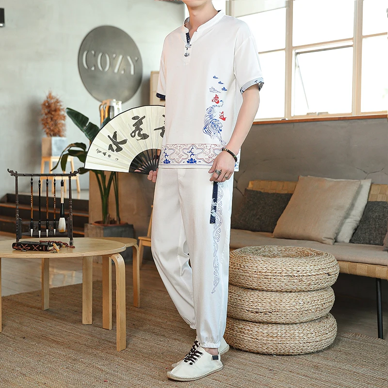 

New Chinese style (Shirt + trousers) summer men shirt Man Cotton and linen shirts men's High quality casual fashion shirts men