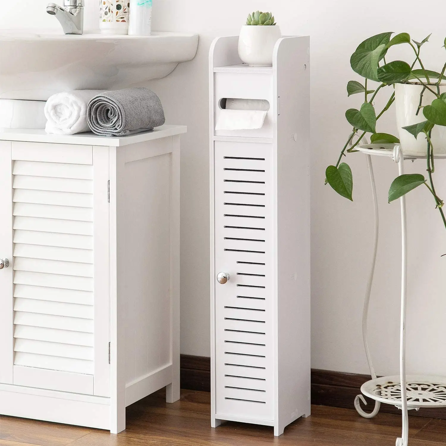 Small Bathroom Corner Floor Cabinet Toilet Vanity Cabinet Narrow Bath Sink Organizer Towel Storage Shelf for Paper Holder