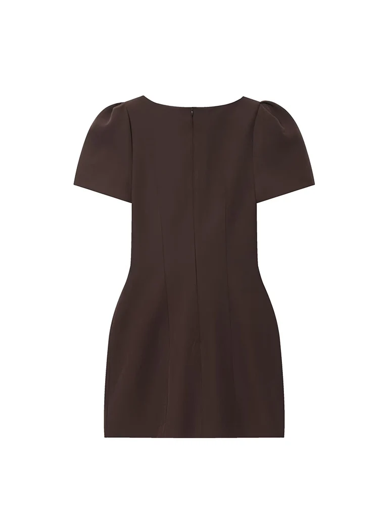 New Women's Short Sleeve Dress Elegant Solid Round Collar Simple Commuting Outfit Fashion Female Puff Sleeve Short Dresses