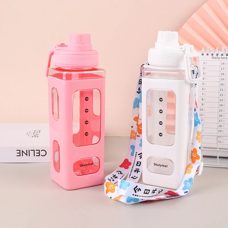 700ml Cute Square Shaker Water Bottle With Straw Sticker Cup Strap Plastic Tea Milk Portable Drink Bottle For Girl Gifts