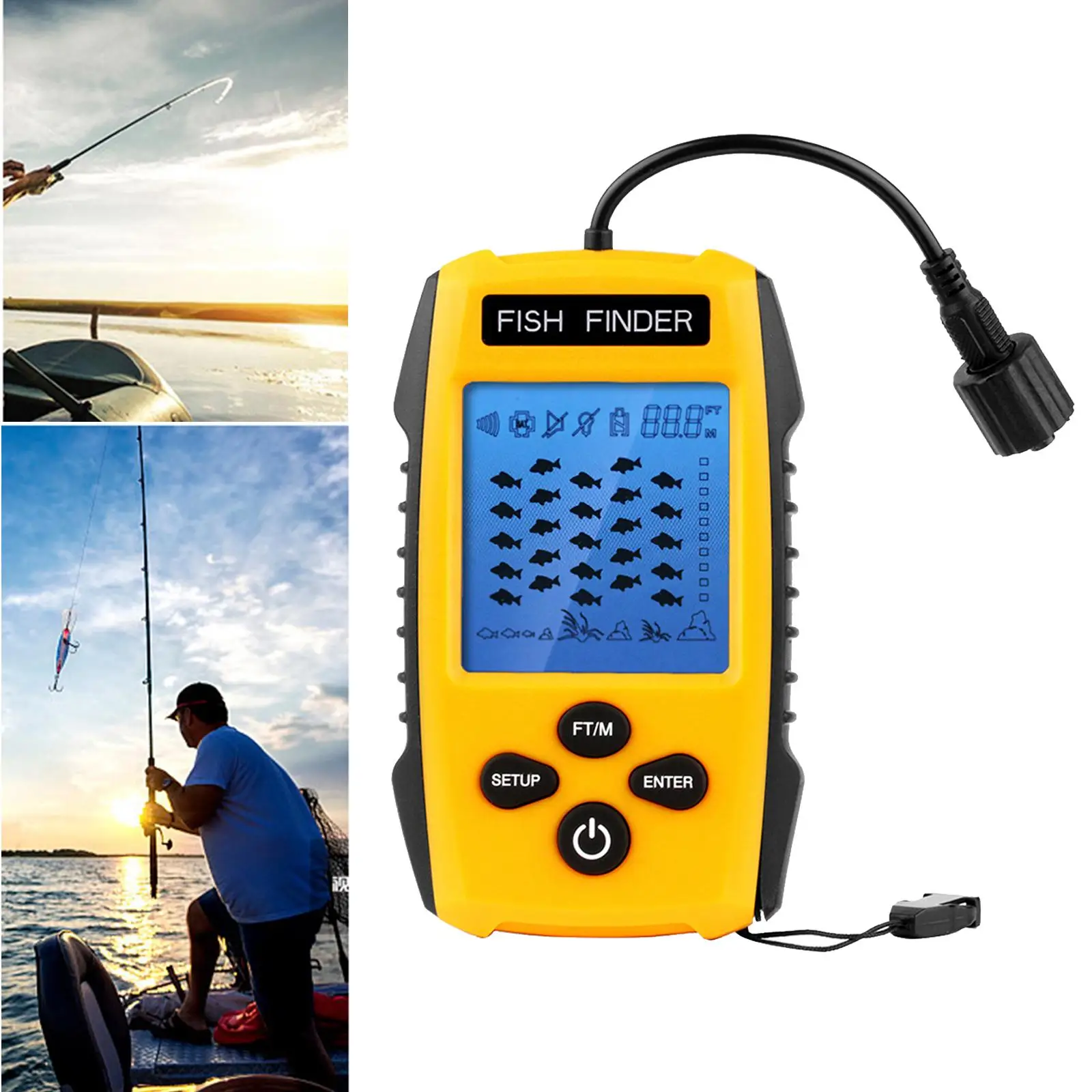 Handheld Portable Fish Ice Fishing Gear Depth with LCD Display Sonar Transducer 328ft ()