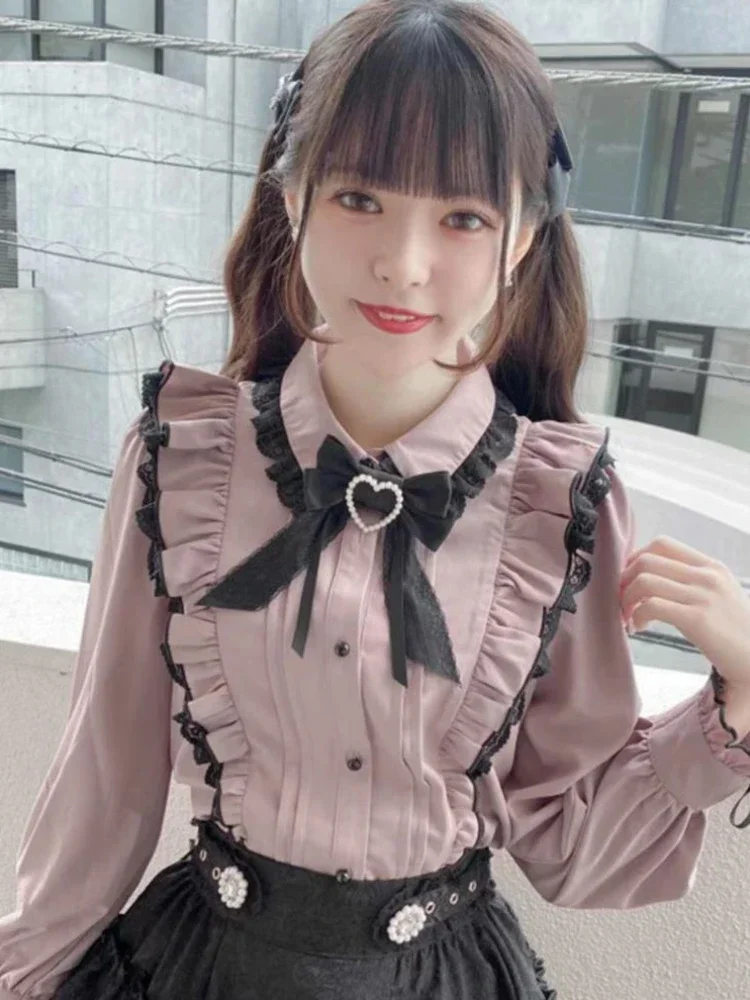 

Lace Bow Pink Blouse Women Japanese Kawaii Fashion Ruffle Shirt Harajuku Cute Ladies Tops 2024 Lolita Blusas Femme V737