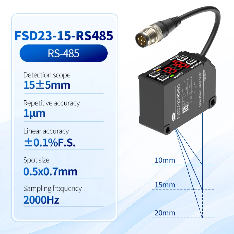 

FSD23-15-RS485 LED Digital Display High Precision 0.01mm Measuring Distance 15MM Laser Displacement Sensor