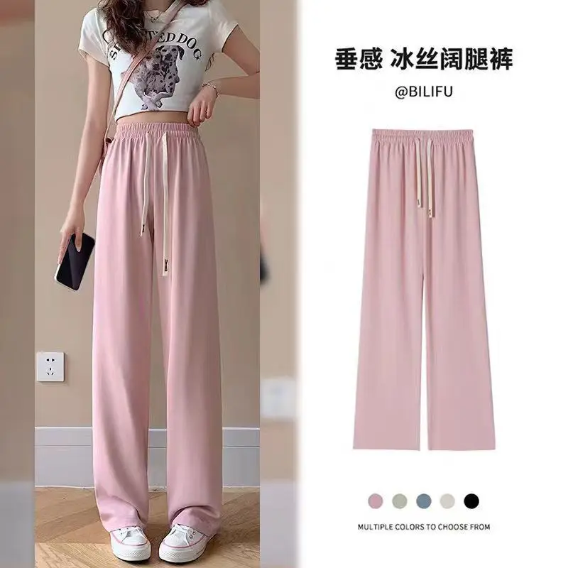 

Summer Female Wide Leg Pants Women's Thin Loose Straight High Waist thin Cool Casual Baggy Pant Ladies Drawstring Trousers