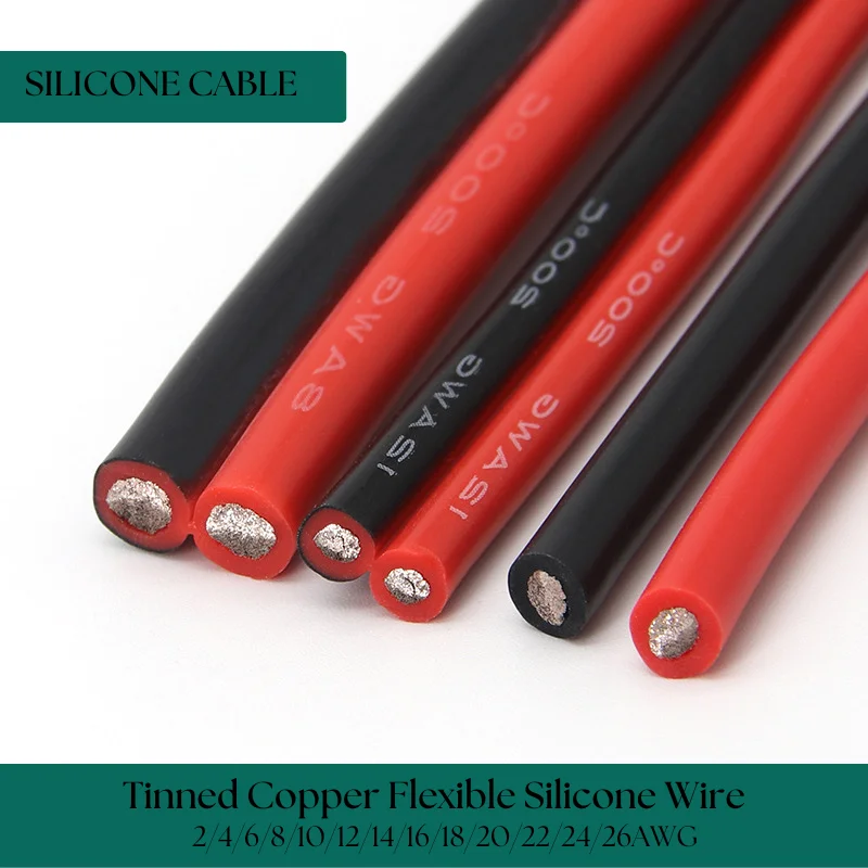 1/5/10m Super Soft Silicone Wire 26/24/22/20/18/16/14/12/10/8/6/4/2AWG Heat-resistant Tinned Copper Electrical Cable LED Wires