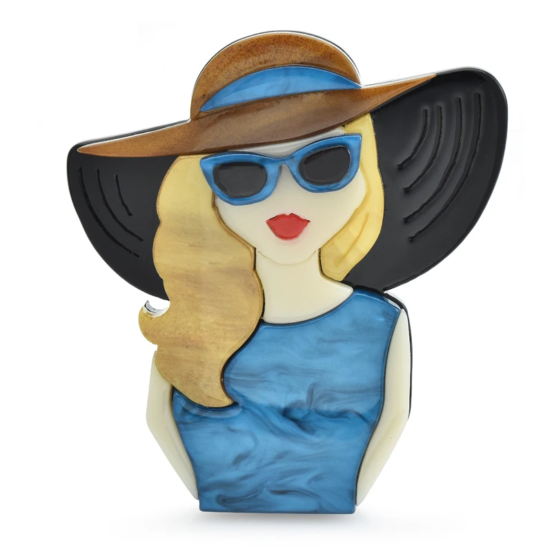

Wuli&baby Acrylic Beautiful Lady Brooches For Women 3-color Wear Glasses Hat Modern Girl Figure Party Office Brooch Pins Gifts