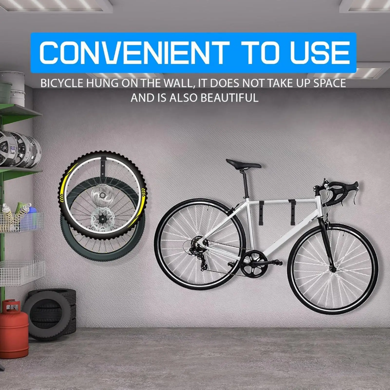 1/2 Stück vertikaler Fahrradhaken mit Reifenablage, robuste Wandhalterung aus Stahl zur Organisation von Ersatzreifen für Zuhause, Garage, Keller – Detail 11