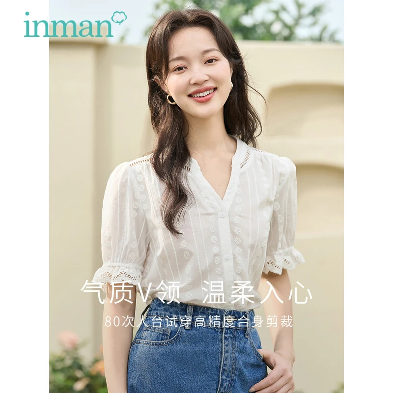 INMAN Women Blouse 2023 Summer Short Sleeves V-neck Loose Shirts Hollow Out Lace Embroidery Elegant Simple Shirt