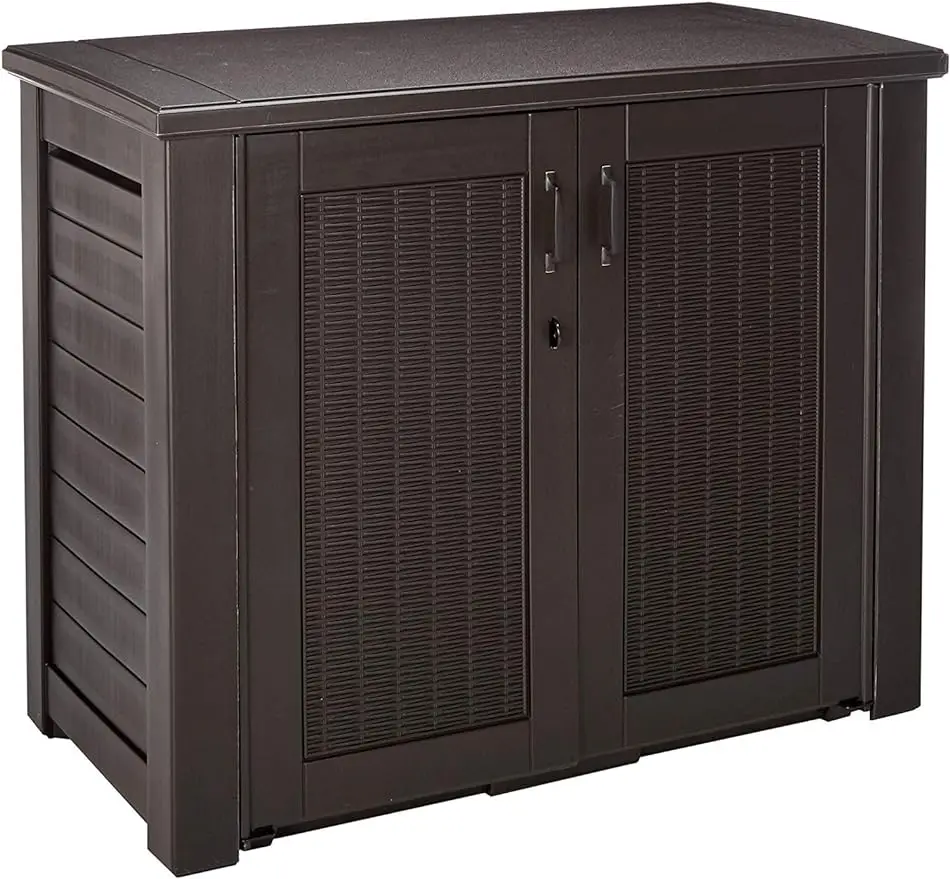 

Rubbermaid Patio Chic Resin Weather Resistant Outdoor Storage Deck Box, 123 Gal., Black Oak Rattan Wicker Basket Weave