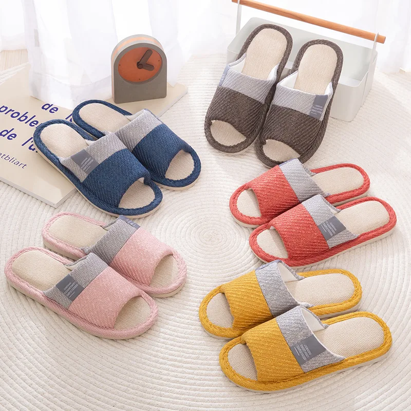 Furry Summer Women Flax Slippers Indoor Casual Shoes Breathable Sweat Linen Slippers For Man Beach Sandals Male Home Slippers