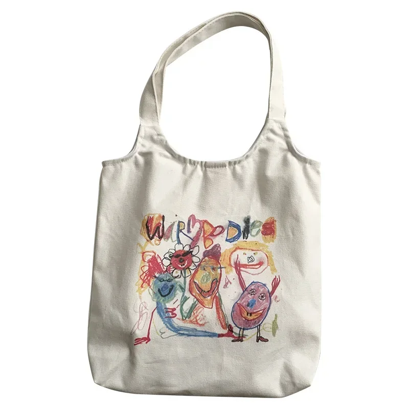 Women's Eco-Friendly Cotton Tote Bag - Cute Cartoon Print Shopper, Spacious Canvas Shoulder Bag for Ladies & Students