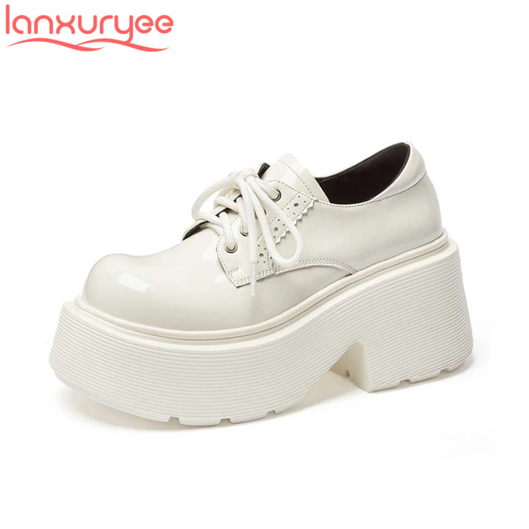 

Lanxuryee Cow Leather High Heels Chunky Spring Lace Up Casual Women Vulcanized Shoes Luxury Concise Platform Comfort Sneakers