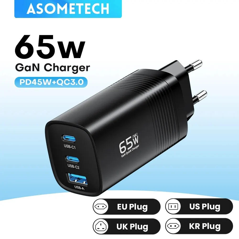 ASOMETECH GaN USB Type C зарядно устройство 65W 45W PPS PD QC4.0 Бързо зарядно устройство за Macbook лаптоп IPAD таблет iPhone 14 Samsung S23 Ultra