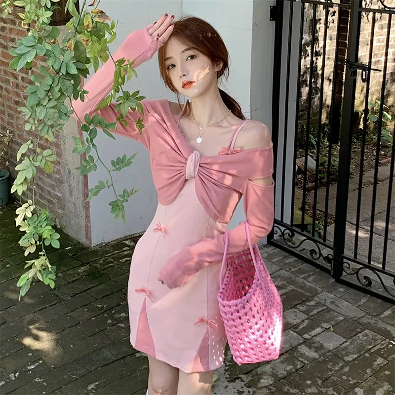 

Женское Повседневное платье выше колена, универсальное мини-платье составного кроя с бантом, V-образным вырезом и длинными рукавами, модель V350 в Корейском стиле на весну-лето