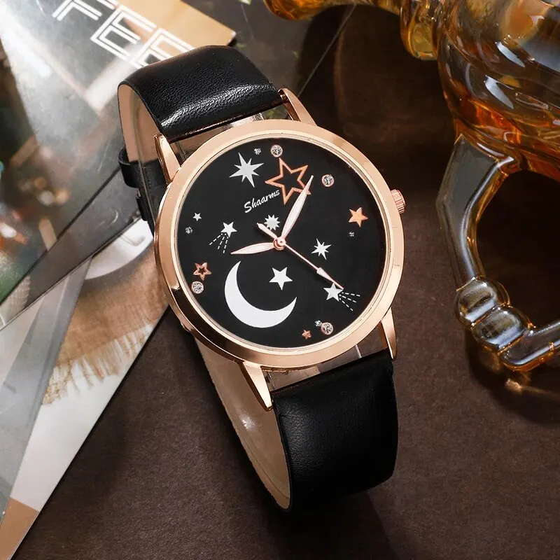 Women Watches Fashion Star Moon Round Dial Design Casual Simple Wrist Luxury Bracelet Clock Gifts