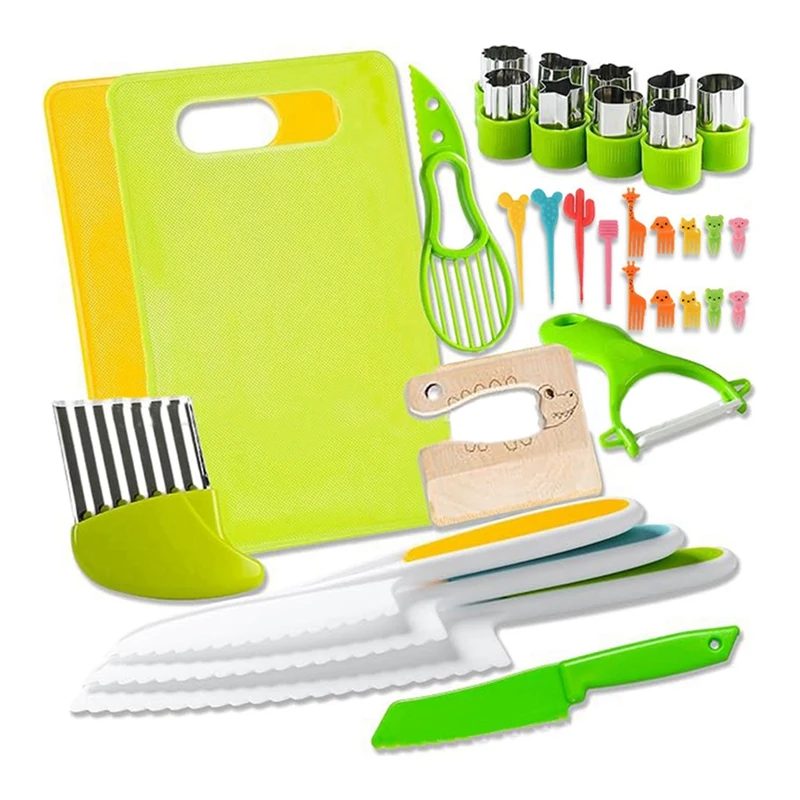 Hot Style Children's Kitchenknife Set-Safe, Wooden And Plastic Knives, Cutting Board, Y-Shaped Peeler, Wrinkle Knife, Fruit