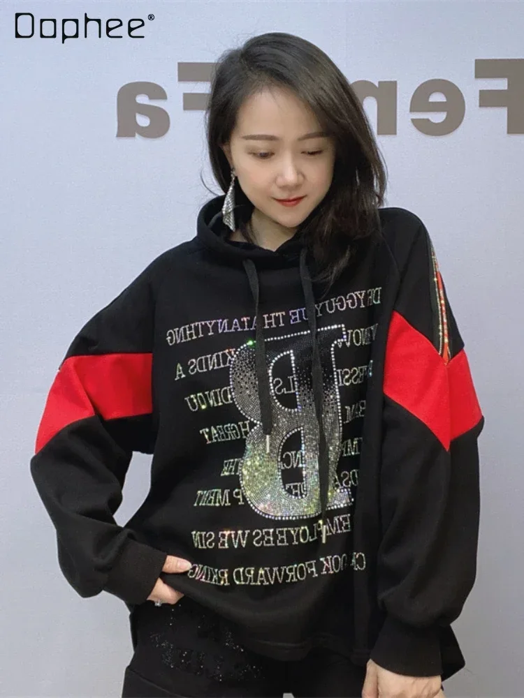 

Fashion Letter Rhinestone Long Sleeve Pullover Hoodies Female 2023 Winter Fleece-lined Thickened Hooded Top Women's Clothing