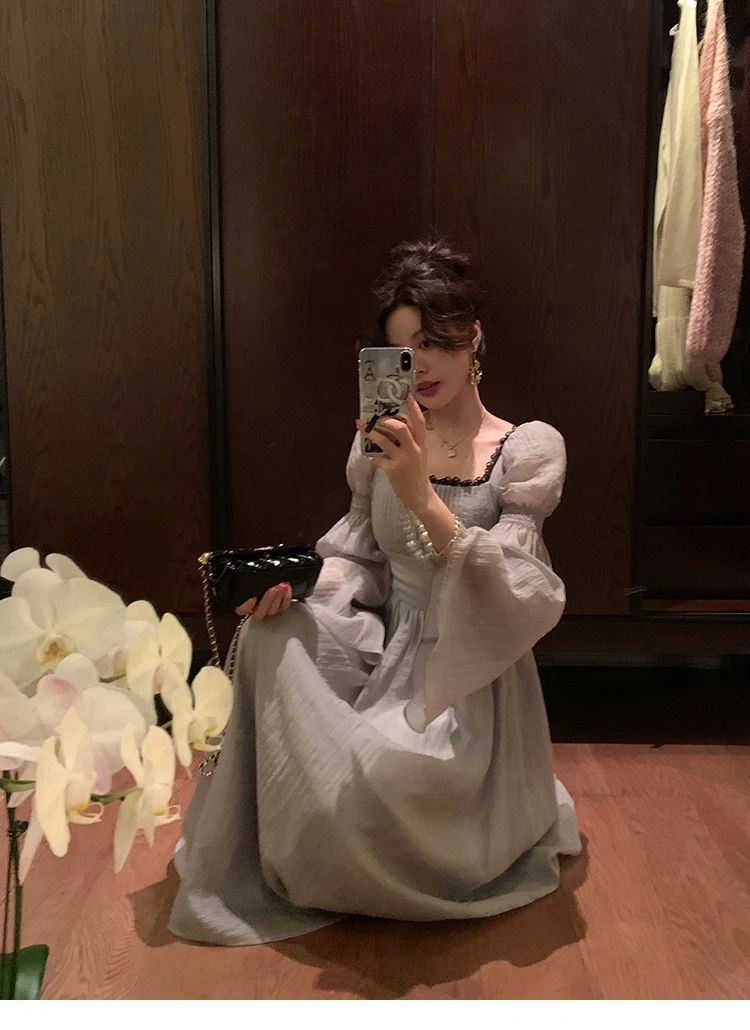 Autumn Princess Midi Dresses for Women Square Collar Flare Sleeve A-line Party Dress Slim Waist Korean One Piece Vestidos New