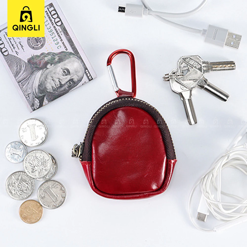 New Cowhide Coin Purse Genuine Leather Mini Wallet Carabiner Headset Coin Bag with Key chain Women's Bag Pendant Change Wallet