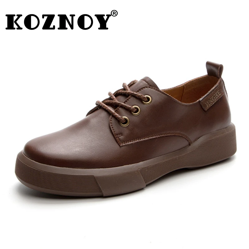 

Koznoy 4cm Ethnic Style Genuine Leather Women Plus Size Breathable Summer Autumn Mother Flats Loafers Comfy Lace Up Soft Shoes