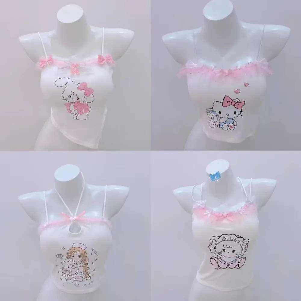 

Mini Camis for Women Japanese Cute Girl Sweet Cool Girl Vest 2024 Summer Inner Cloth Bow Short Straps Tops Cartoon White Tanks