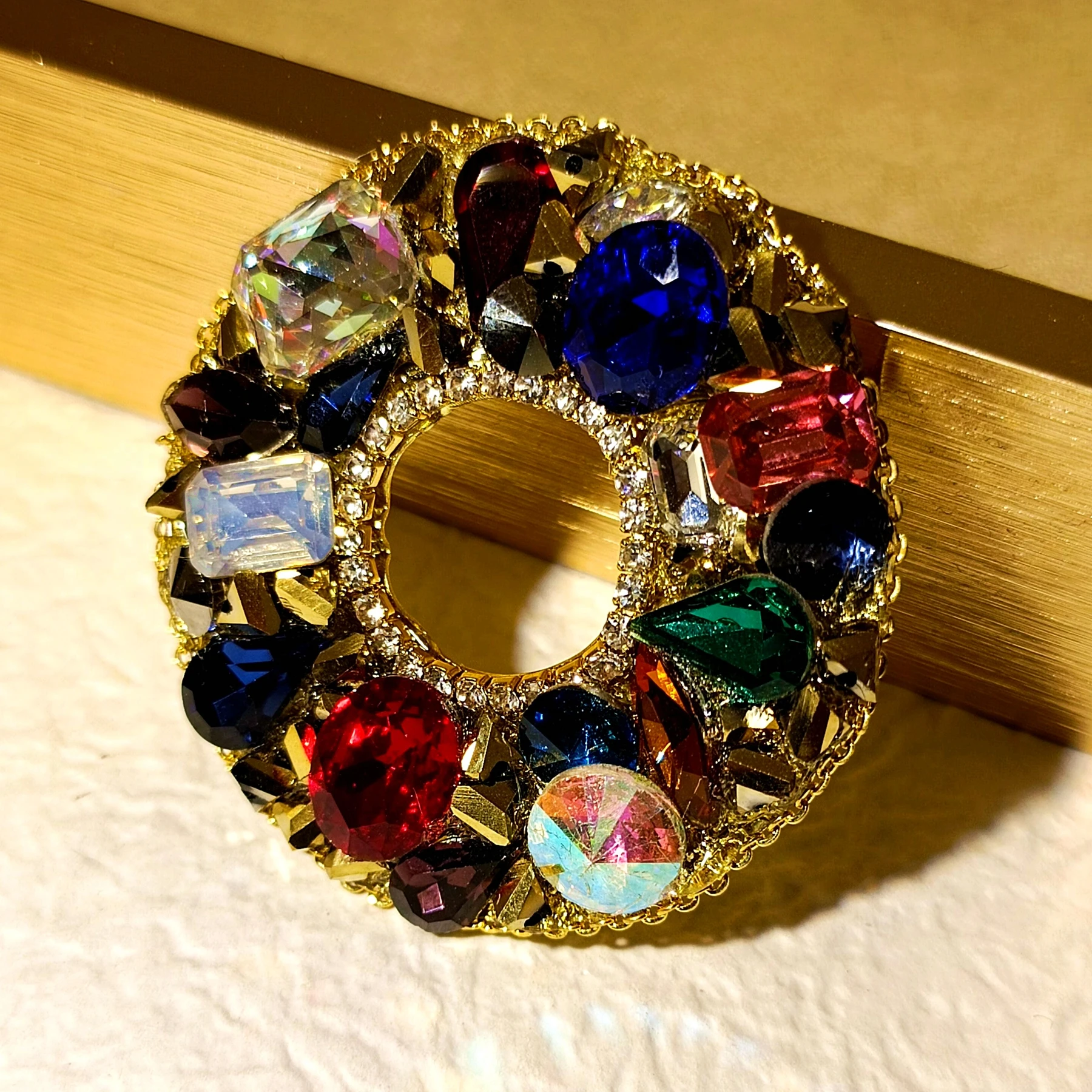 Splendid Multi Colored Stones Circular Brooch Pin Holiday Jewelry