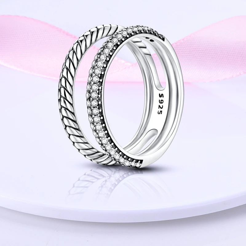 Women's 925 Sterling Silver Geometric Overlapping Zircon Classic Design Rings Anniversary Birthday Engagement