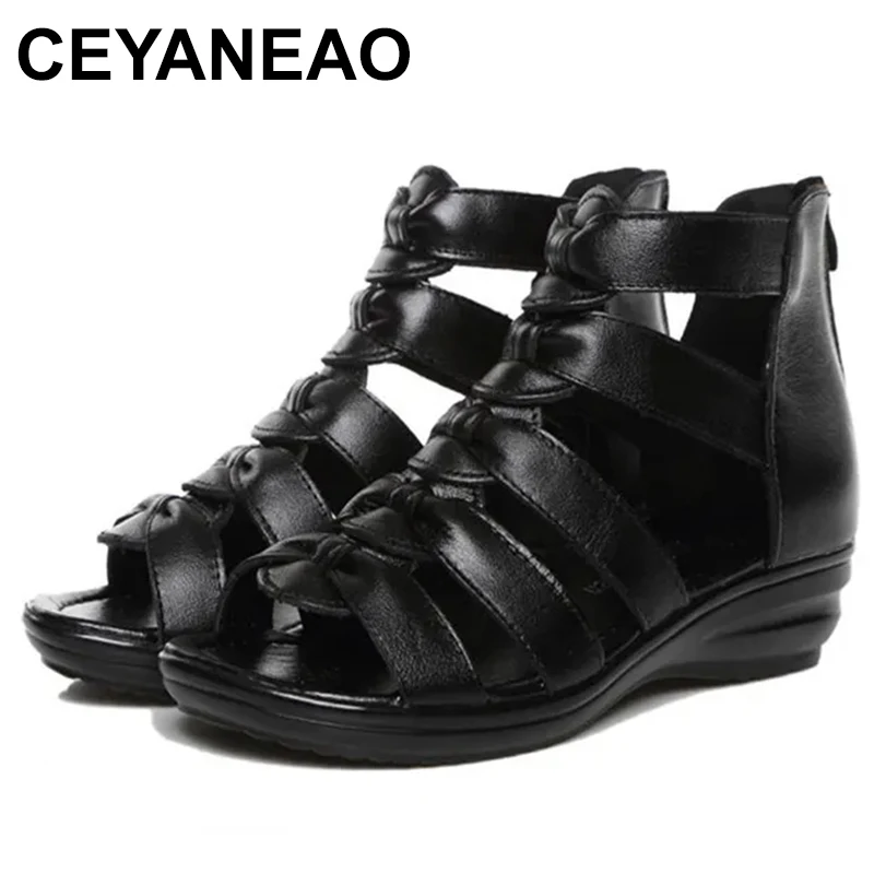 

Summer Roman Genuine Leather sandals wedge open toe fish mouth sandals large size sandalias mujer verano femmes été C994