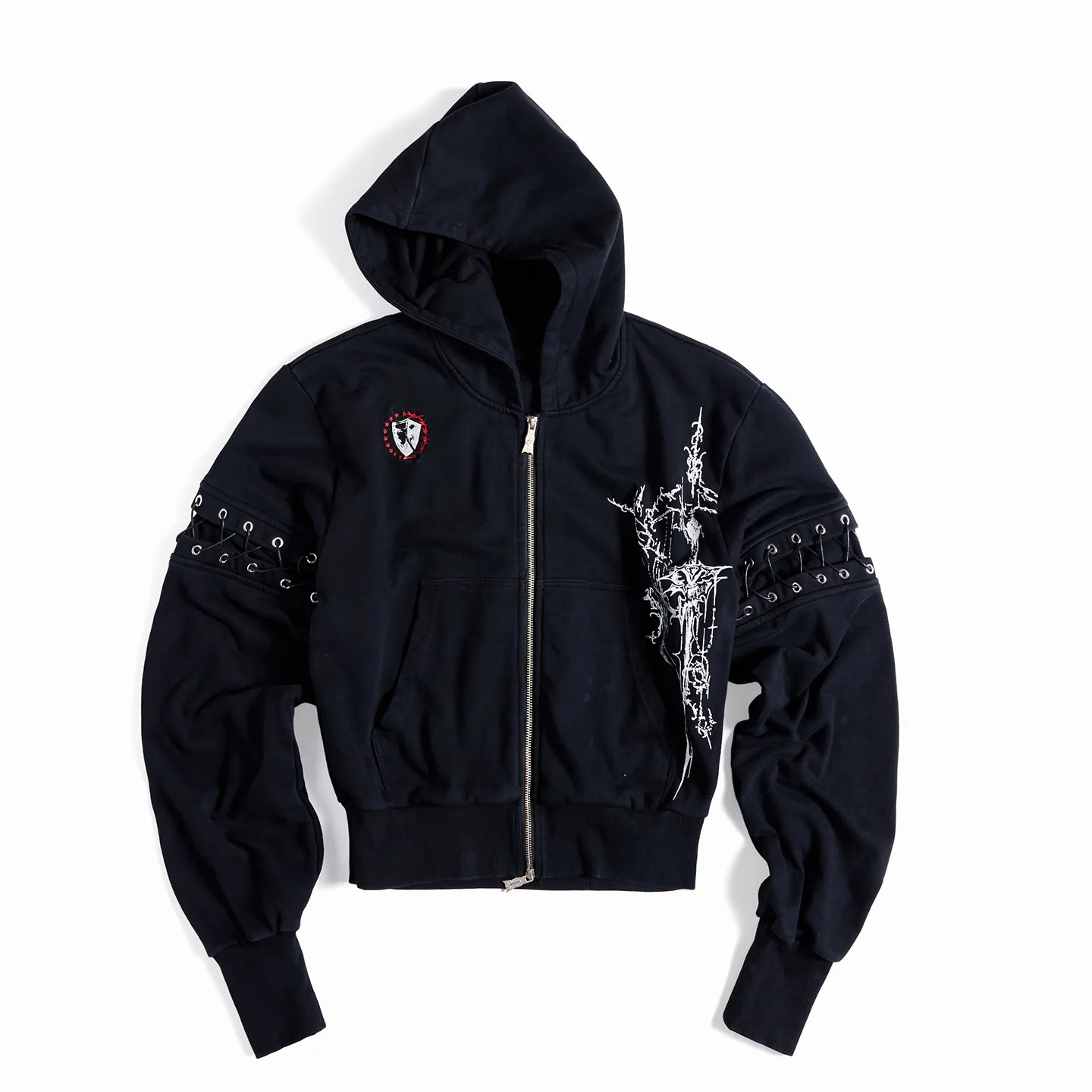 Punk Style Short Wax Rope Strap Sleeve Zipper Hoodie Subcultural Hooded Sweatshirt Cardigan Coat Men and Women