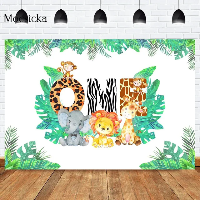 Mocsicka CUSTOM Rainforest Animals Wild One Backdrops Children Happy Birthday Party Photography Background Cake Table Banner 12