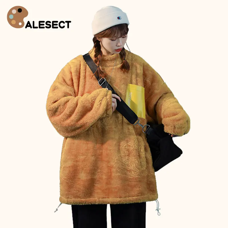 

CALESECT 2022AW Aesthetic Style Lambswool Sweater Women Winter Oversize Pullover Harajuku Unisex Streetwear High Collar Jumper