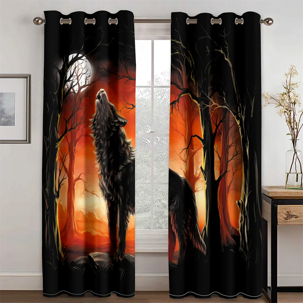 

3D Boho Digital Animal Psychedelic Wolf in the Moonlight Thin Shading Polyester Curtain for Living Room Bedroom Home Decor Hooks