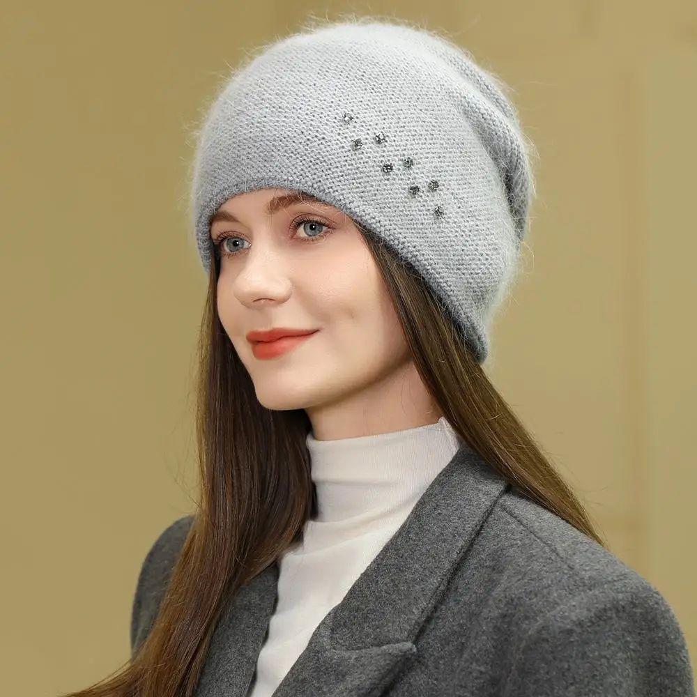 New Women Rabbit Fur Gradient Winter Hat Fashion Decorate Beanie Hat Warm Winter Cap For Female Casual Streetwear Knitted Hat