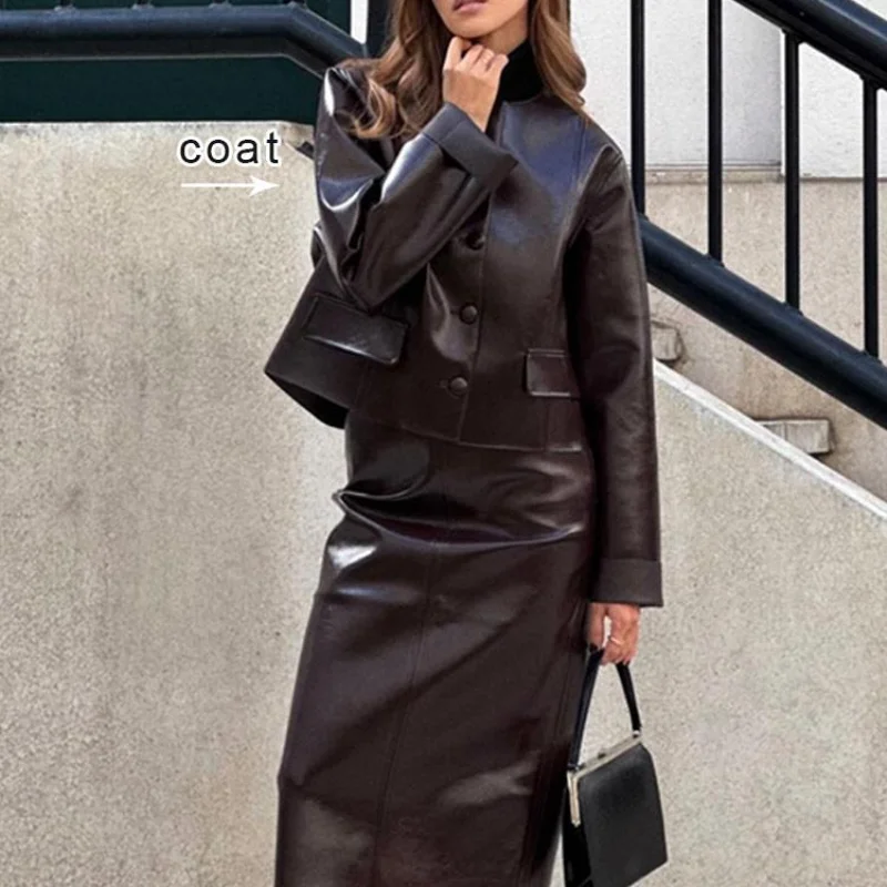 Vintage Women Leather Sets Lapel Single Breasted Jacket Slim Fit Mini Skirt Retro Fashin Female Suit 2024 Lady Jacket Skirt Sets 5