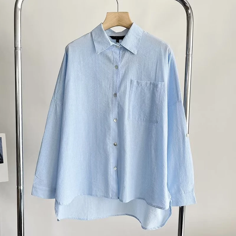 Withered Fashion Boyfriend Cotton New Blouse Ladies Drop Shoulder Loose Shirt Women Casual Tops