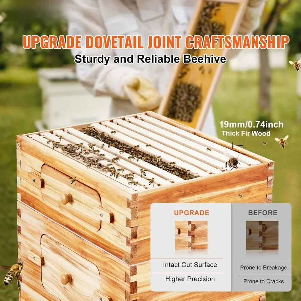 10 Frame Bee Hive, Beeswax Coated Fir Wood, 2 Deep + 2 Medium Bee Boxes Langstroth Beehive Kit for Beginners Pro Beekeepers