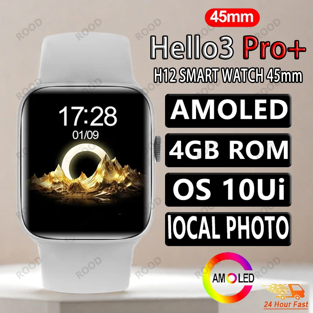 Hello 3 Pro Plus AMOLED 스마트 워치 남녀공용, 나침반 NFC 스마트워치 시리즈 9, 4GB ROM, 항상 켜짐 디스플레이, 스포츠 워치 H12 Pro + 45mm