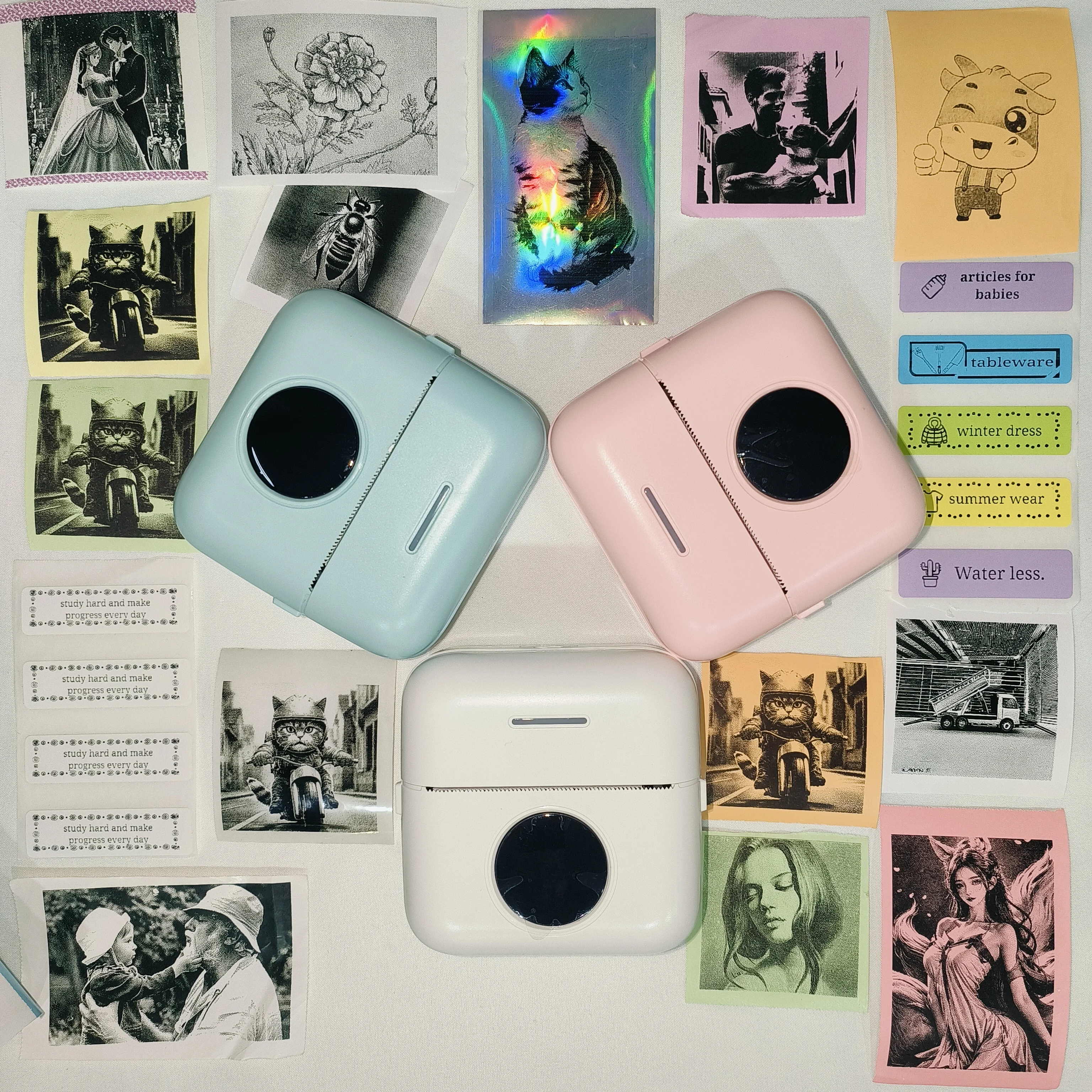 휴대용 미니 열전사 블루투스 프린터 (10개 용지 롤 포함), 내장형 충전식 배터리 및 잉크 없는 사진/라벨 인쇄 기능